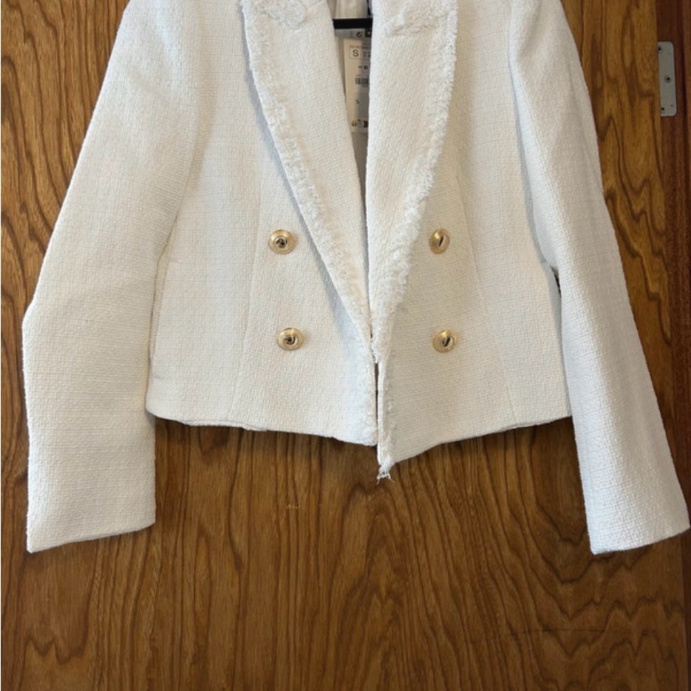 Zara White Textured Blazer with Gold Buttons